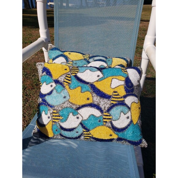 Lot Of 2: Pier 1 Handmade Fish Beaded Decorative Pillows Teal Blue Life Aquatic - Picture 2 of 16